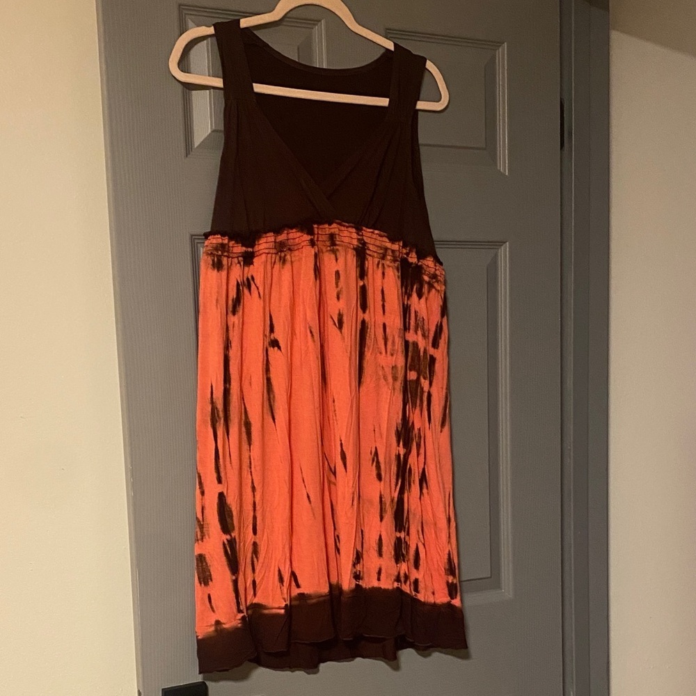 Brown Mocha Mousse and Peach Tie-Dye Beachy Dress large Calvin Klein Jeans Boho